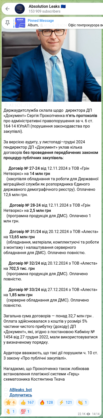 Скріншот Telegram-публікації: Ткач Костянтин Іванович — 🔒🧡🧡🧡🧡🧡🧡 Держаудитслужба склала щодо директора ДП «Документ» С…