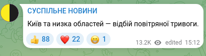 Скріншот Telegram-публікації: Київ та низка областей — відбій повітряної тривоги.