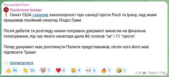 Screenshot of a Telegram post: ❗️The U.S. Senate approved a bill imposing sanctions on Russia and Iran that w…