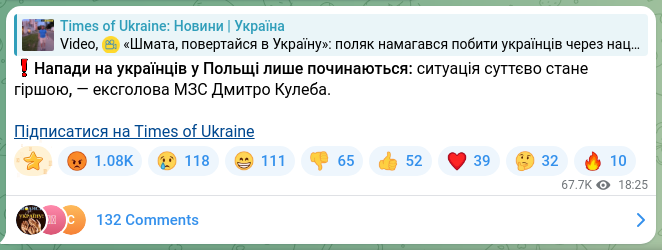 Screenshot of a Telegram post: Kuleba Dmytro Ivanovych — ❗️Attacks on Ukrainians in Poland are only beginning: the situatio…