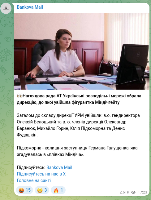 Скріншот Telegram-публікації: Галущенко Герман Валерійович — 👀Наглядова рада АТ Українські розподільні мережі обрала дирекц…