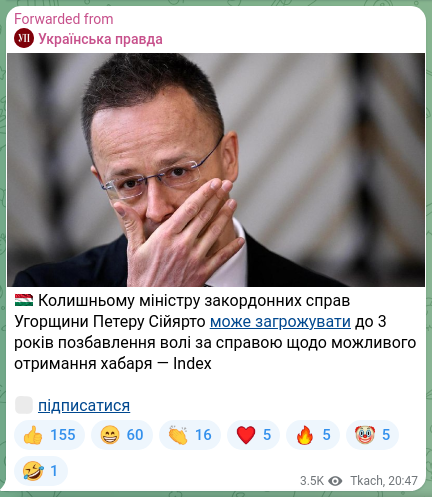 Screenshot of a Telegram post: 🇭🇺 Former Hungarian foreign minister Péter Szijjártó could face up to 3 years i…