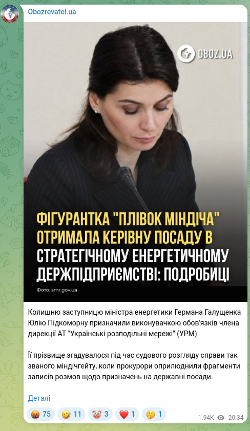 Скріншот Telegram-публікації: Галущенко Герман Валерійович — Колишню заступницю міністра енергетики Германа Галущенка Юлію П…