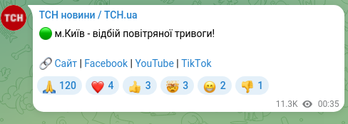 Скріншот Telegram-публікації: 🟢 м.Київ - відбій повітряної тривоги! 🔗 Сайт | Facebook | YouTube | ТikТok