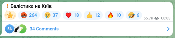 Скріншот Telegram-публікації: ❗️Балістика на Київ