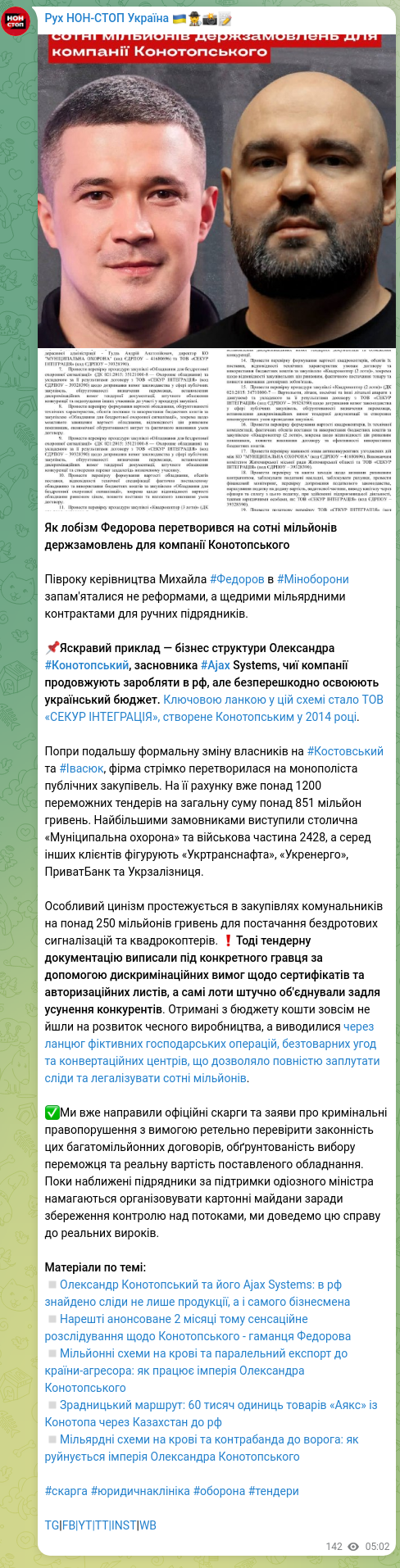 Скріншот Telegram-публікації: Конотопський Олександр Володимирович — Як лобізм Федорова перетворився на сотні мільйонів держ…