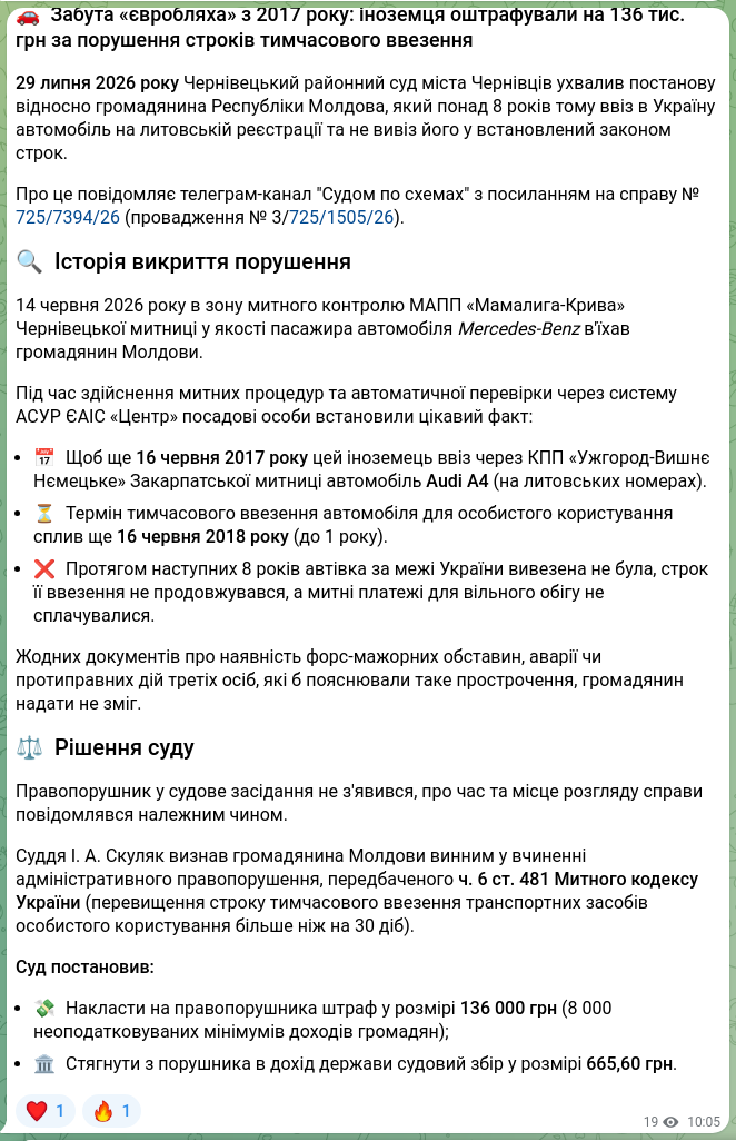 Скріншот Telegram-публікації: 🕵️‍♂️ СУДОМ ПО СХЕМАХ