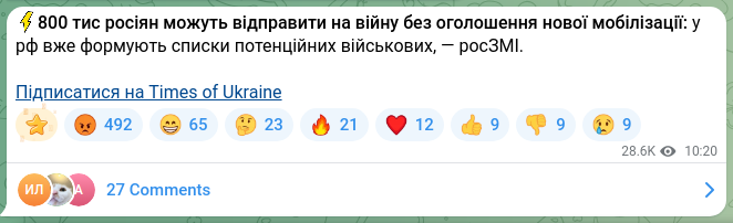 Screenshot of a Telegram post: ⚡️800 thousands of Russians could be sent to the war without announcing a new…