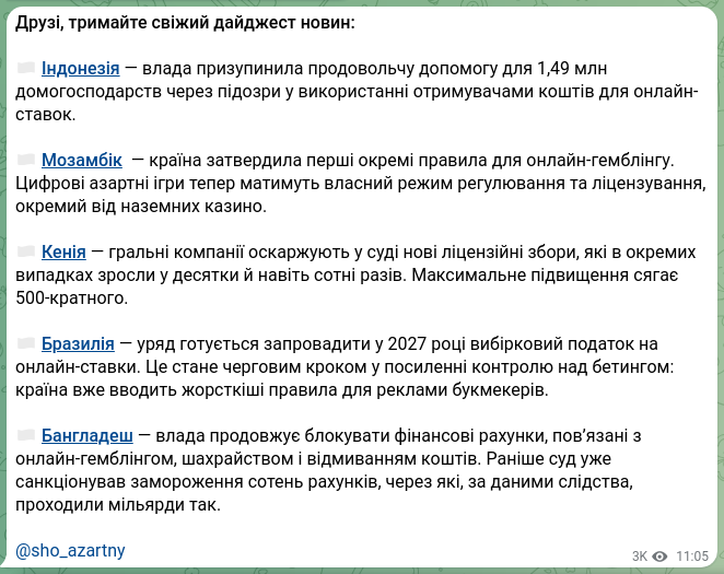 Скріншот Telegram-публікації: Друзі, тримайте свіжий дайджест новин: 🇮🇩 Індонезія — влада призупинила продово…