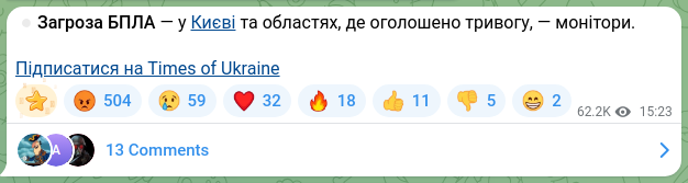 Скріншот Telegram-публікації: ⏺Загроза БПЛА — у Києві та областях, де оголошено тривогу, — монітори. Підписат…