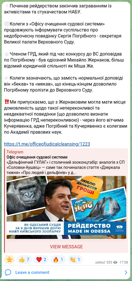 Скріншот Telegram-публікації: ⚡️Починав рейдерством закінчив заграванням із активістами та стукачеством НАБУ…