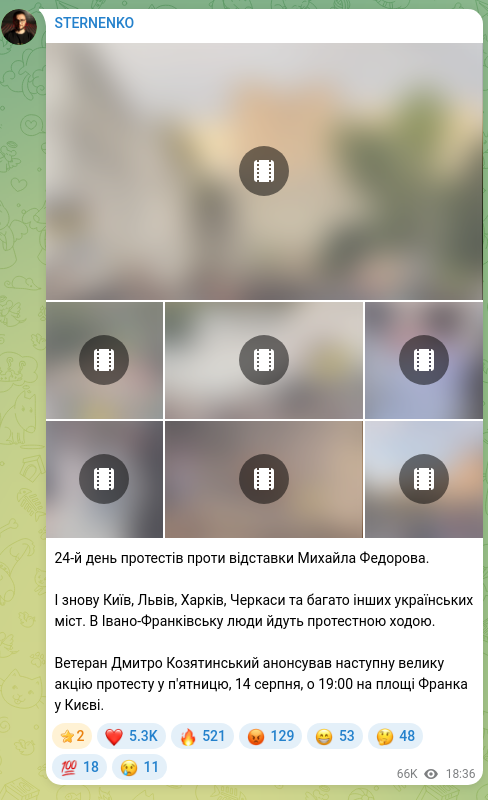Скріншот Telegram-публікації: Федоров Михайло Альбертович — 24-й день протестів проти відставки Михайла Федорова. І знову Ки…