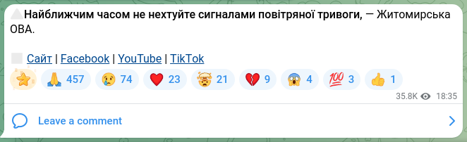 Скріншот Telegram-публікації: ⚠️Найближчим часом не нехтуйте сигналами повітряної тривоги, — Житомирська ОВА.…