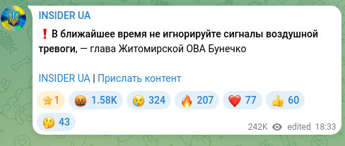Screenshot of a Telegram post: ❗️Do not ignore air raid sirens in the near future, — head of the Zhytomyr Reg…