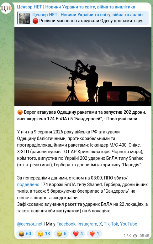Скріншот Telegram-публікації: 😡 Ворог атакував Одещину ракетами та запустив 202 дрони, знешкоджено 174 БпЛА…