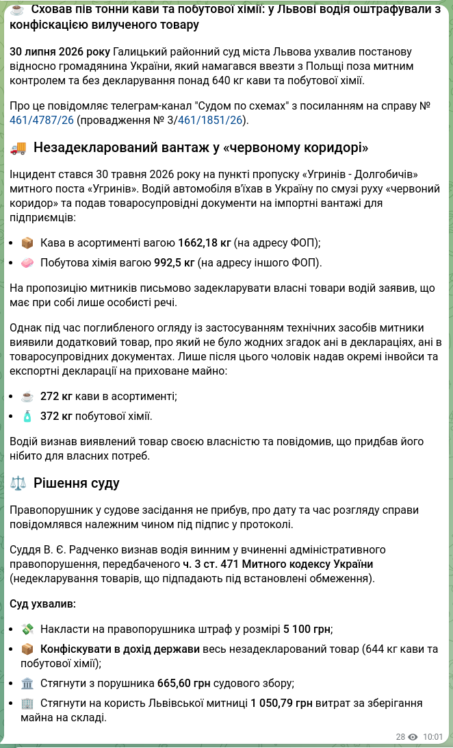 Скріншот Telegram-публікації: 🕵️‍♂️ СУДОМ ПО СХЕМАХ