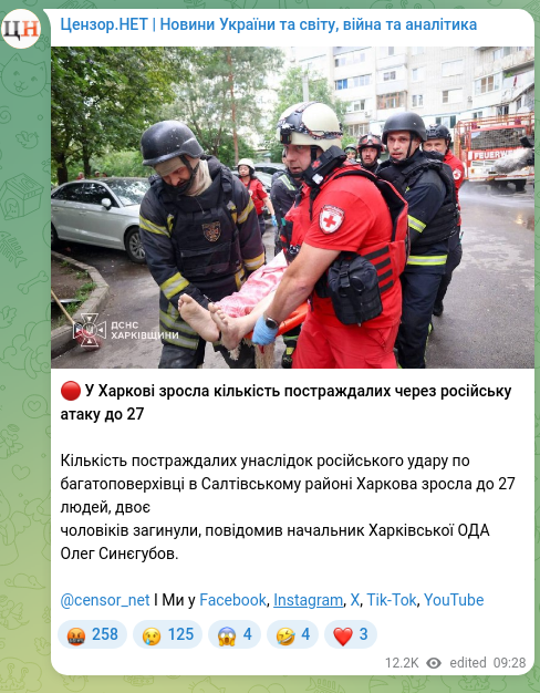 Screenshot of a Telegram post: Synehubov Oleh Vasyliovych — 🔴 The number of people injured in Kharkiv due to the Russian at…