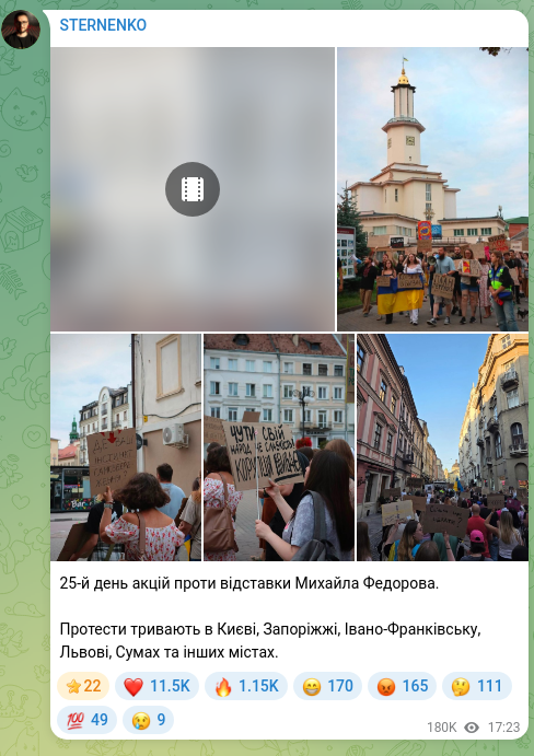 Скріншот Telegram-публікації: Федоров Михайло Альбертович — 25-й день акцій проти відставки Михайла Федорова. Протести трива…