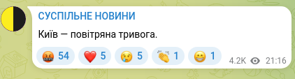 Скріншот Telegram-публікації: Київ — повітряна тривога.