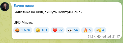 Скріншот Telegram-публікації: Балістика на Київ, пишуть Повітряні сили. UPD. Чисто.