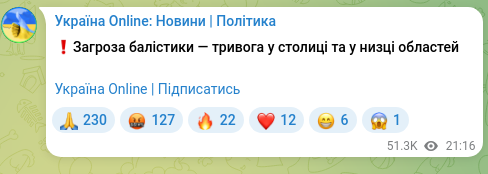 Скріншот Telegram-публікації: ❗️Загроза балістики — тривога у столиці та у низці областей Україна Online | П…