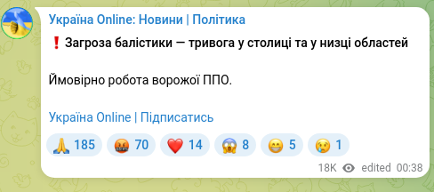 Скріншот Telegram-публікації: ❗️Загроза балістики— тривога у столиці та у низці областей Україна Online | Пі…
