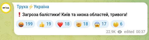 Screenshot of a Telegram post: ❗️Ballistic threat! Kyiv and several regions, alarm!