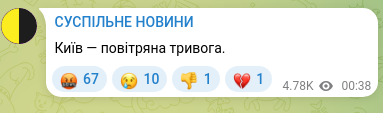 Скріншот Telegram-публікації: Київ — повітряна тривога.