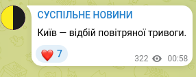 Скріншот Telegram-публікації: Київ — відбій повітряної тривоги.