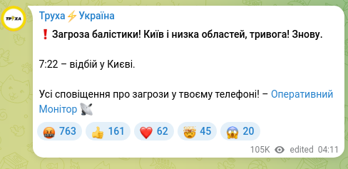 Screenshot of a Telegram post: ❗️Ballistic threat! Kyiv and several regions, alert! Again. 7:22 – all clear i…