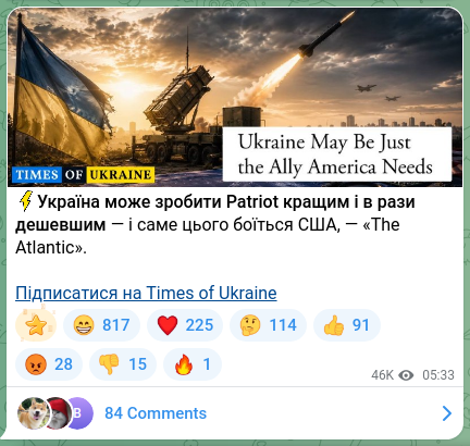 Screenshot of a Telegram post: ⚡️Ukraine can make the Patriot better and many times cheaper — and that is exa…