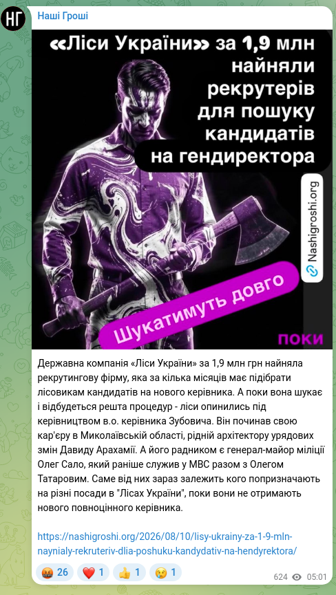 Скріншот Telegram-публікації: Державна компанія «Ліси України» за 1,9 млн грн найняла рекрутингову фірму, яка…