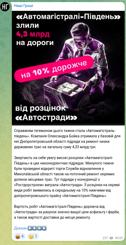 Скріншот Telegram-публікації: Справжнім гегемоном цього тижня стала «Автомагістраль-південь». Компанія Олекса…