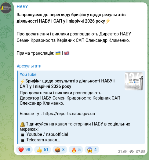 Screenshot of a Telegram post: Klymenko Oleksandr Vasylovych — Запрошуємо до перегляду брифінгу щодо результатів діяльності…