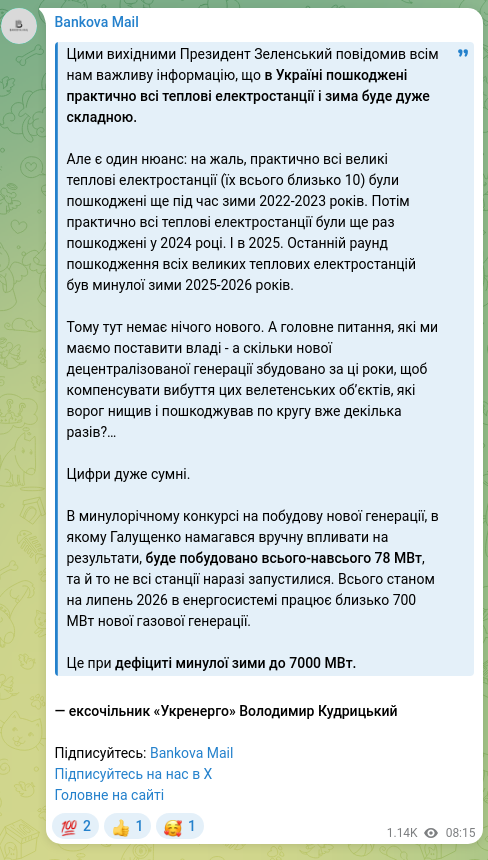 Screenshot of a Telegram post: Kudrytskyi Volodymyr Dmytrovych — This weekend President Zelensky informed all of us of impor…