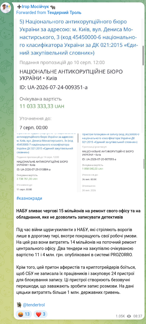 Скріншот Telegram-публікації: #казнокради НАБУ зливає чергові 15 мільйонів на ремонт свого офісу та на обладн…