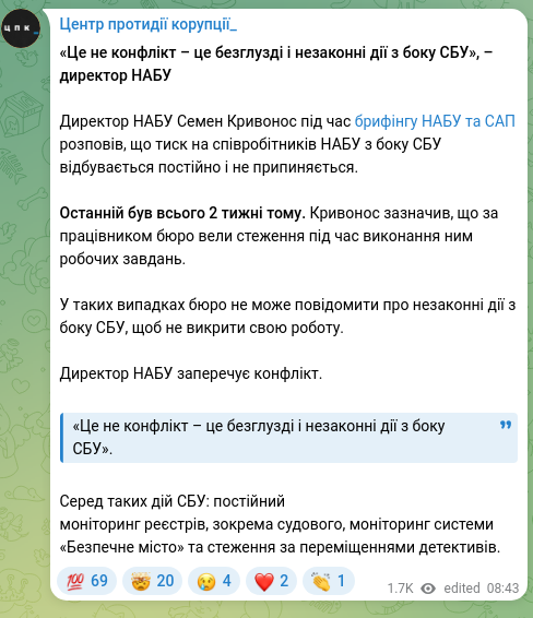 Скріншот Telegram-публікації: Кривонос Семен Юрійович — «Це не конфлікт – це безглузді і незаконні дії з боку СБУ», – директ…