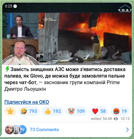 Скріншот Telegram-публікації: ⚡️Замість знищених АЗС може з'явитись доставка палива, як Glovo, де можна буде…
