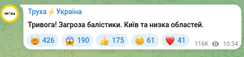 Screenshot of a Telegram post: Alert! Ballistic missile threat. Kyiv and several regions.
