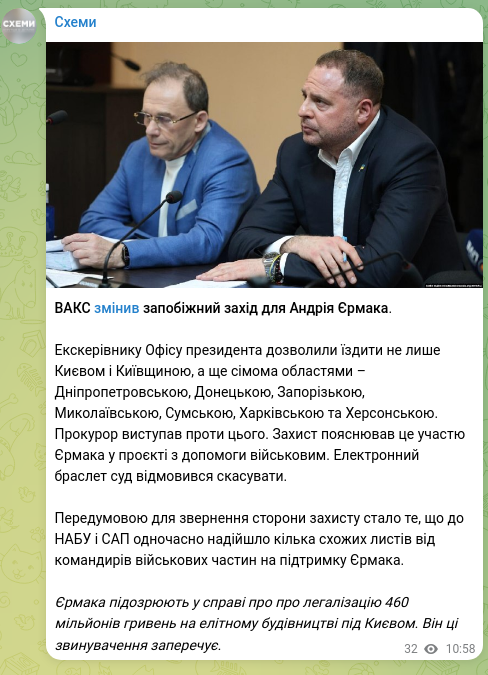Скріншот Telegram-публікації: Єрмак Андрій Борисович — ВАКС змінив запобіжний захід для Андрія Єрмака. Екскерівнику Офісу пр…