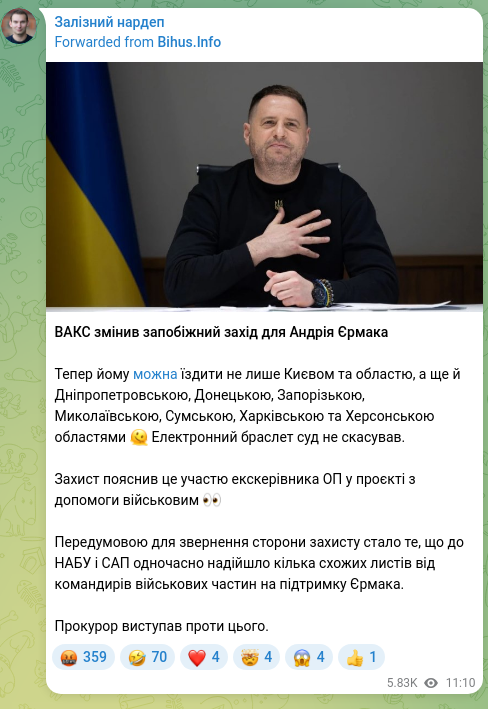 Скріншот Telegram-публікації: Єрмак Андрій Борисович — ВАКС змінив запобіжний захід для Андрія Єрмака Тепер йому можна їздит…