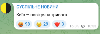 Скріншот Telegram-публікації: Київ — повітряна тривога.