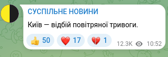 Скріншот Telegram-публікації: Київ — відбій повітряної тривоги.