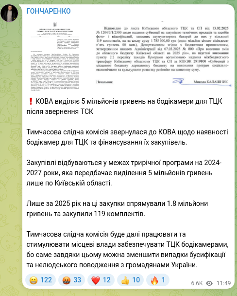Скріншот Telegram-публікації: ❗️КОВА виділяє 5 мільйонів гривень на бодікамери для ТЦК після звернення ТСК Т…