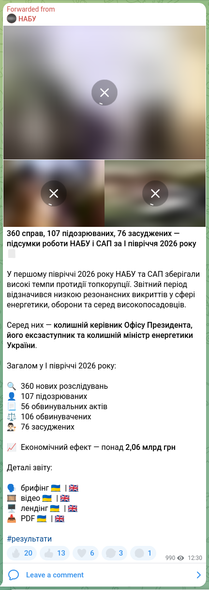 Скріншот Telegram-публікації: 360 справ, 107 підозрюваних, 76 засуджених — підсумки роботи НАБУ і САП за І пі…
