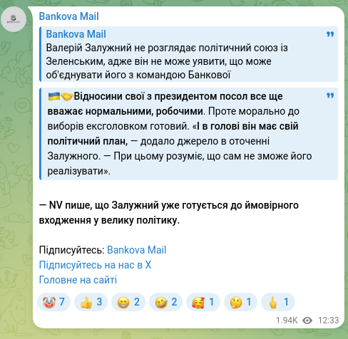 Скріншот Telegram-публікації: 🇺🇦🤝Відносини свої з президентом посол все ще вважає нормальними, робочими. Про…