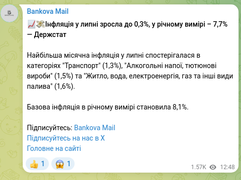 Скріншот Telegram-публікації: 📈💸Інфляція у липні зросла до 0,3%, у річному вимірі – 7,7% — Держстат Найбіль…