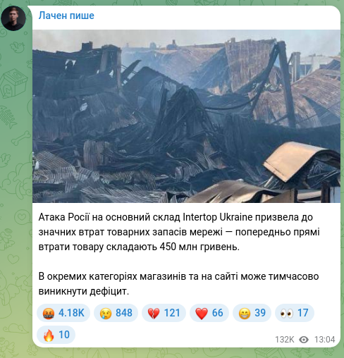 Скріншот Telegram-публікації: Атака Росії на основний склад Intertop Ukraine призвела до значних втрат товарн…
