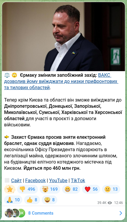 Скріншот Telegram-публікації: ⚖️🙄 Єрмаку змінили запобіжний захід: ВАКС дозволив йому виїжджати до низки при…