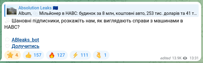 Скріншот Telegram-публікації: ☑️ Шановні підписники, розкажіть нам, як виглядають справи з машинами в НАВС?…